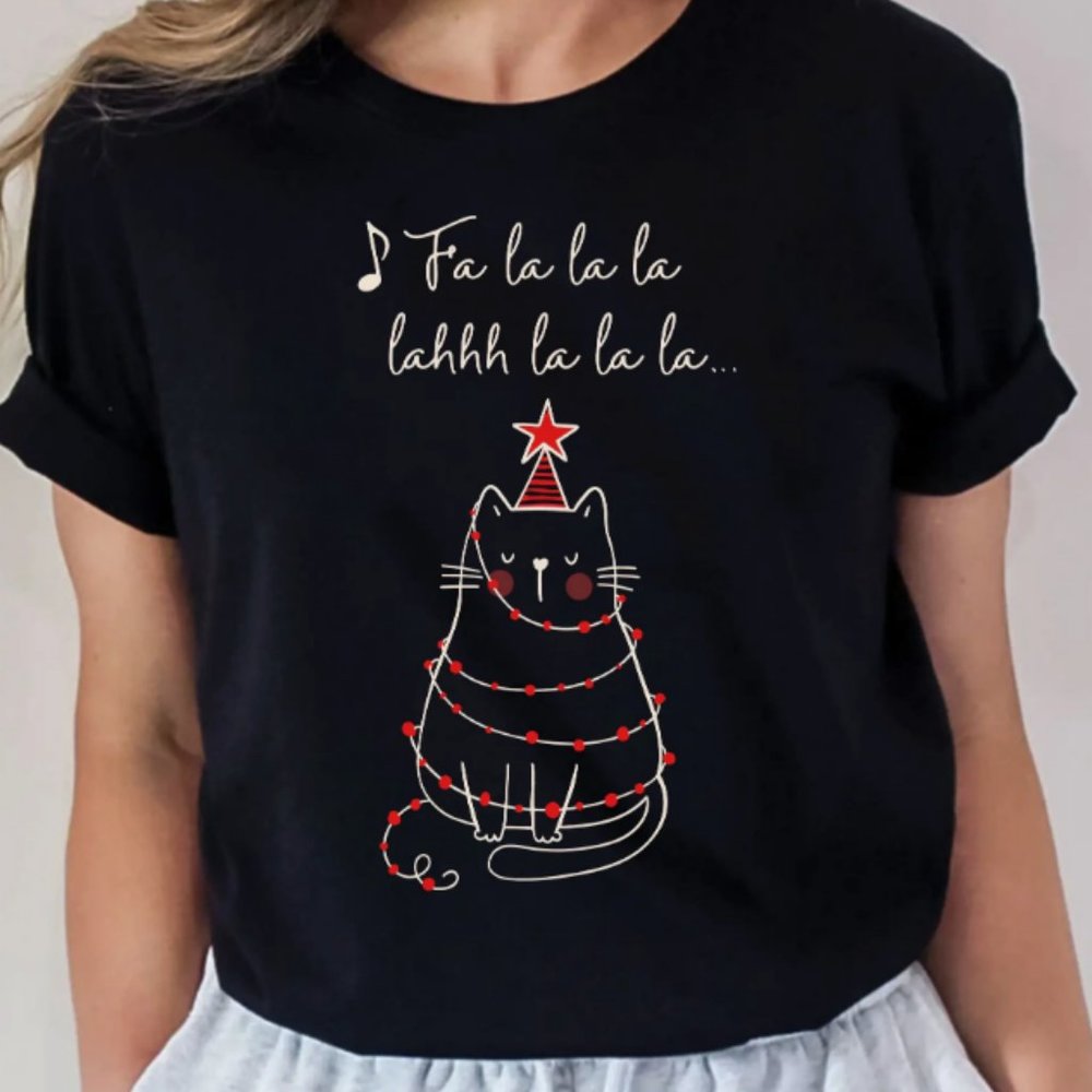 Cat Christmas Holiday CAT Lovers Black Cotton T-Shirt Tee Cotton